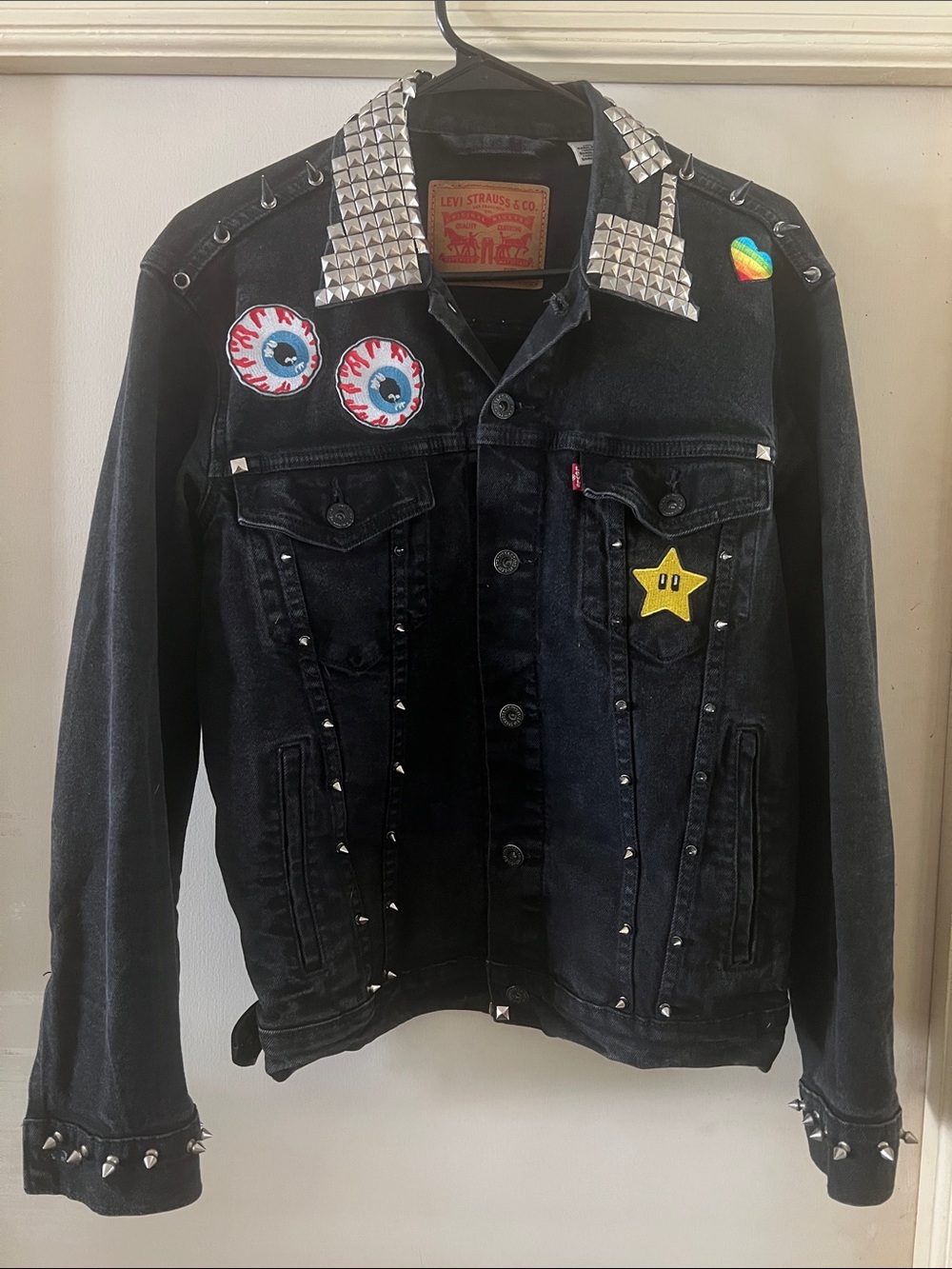 Custom Levi's Black Denim Punk Battle Jacket with Studs and Colorful Patches